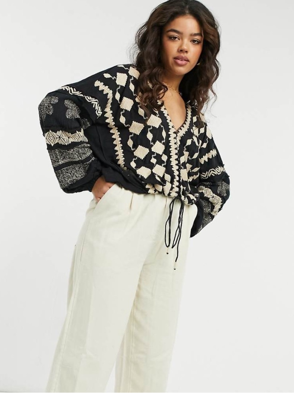 Free People Home Town embroidered volume sleeve top in black